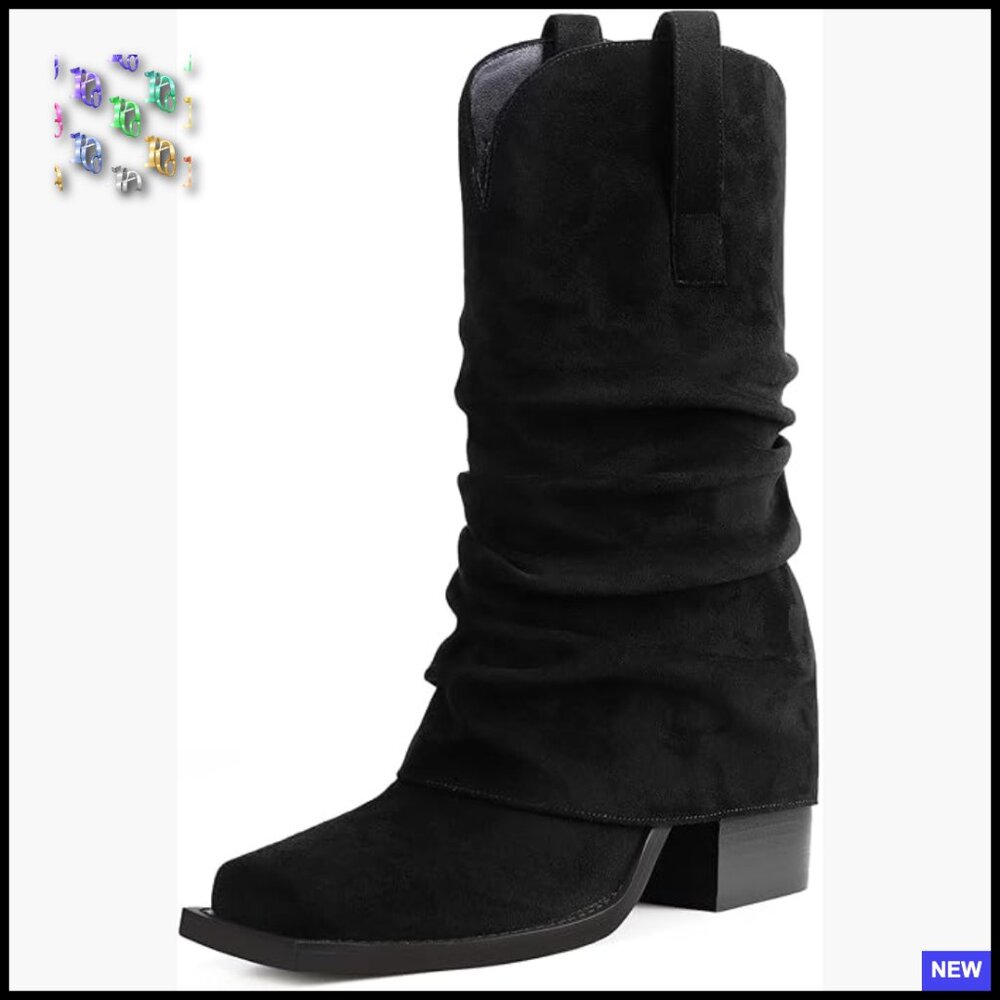 Suede Mid Calf Cowboy Boots Square Toe Fold Over Chunky Heel Slouchy Western